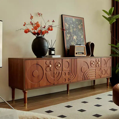 JVNOXK Meuble TV du milieu du siècle, meuble TV média moderne avec 4 placards, centre de divertissement en bois pour TV de 55 pouces et plus, console TV minimaliste pour salon