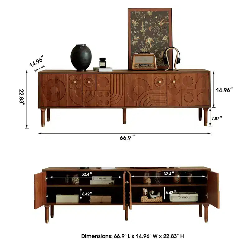 JVNOXK Meuble TV du milieu du siècle, meuble TV média moderne avec 4 placards, centre de divertissement en bois pour TV de 55 pouces et plus, console TV minimaliste pour salon
