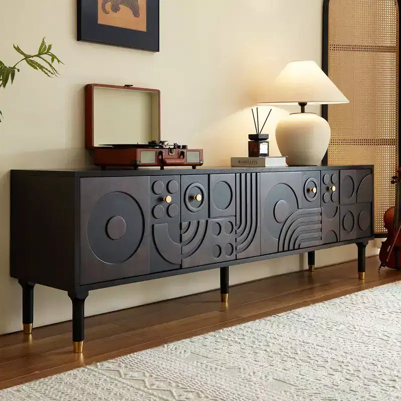 JVNOXK Meuble TV du milieu du siècle, meuble TV média moderne avec 4 placards, centre de divertissement en bois pour TV de 55 pouces et plus, console TV minimaliste pour salon
