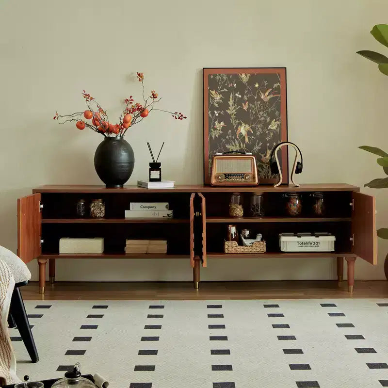 JVNOXK Meuble TV du milieu du siècle, meuble TV média moderne avec 4 placards, centre de divertissement en bois pour TV de 55 pouces et plus, console TV minimaliste pour salon