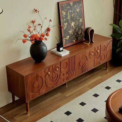 JVNOXK Meuble TV du milieu du siècle, meuble TV média moderne avec 4 placards, centre de divertissement en bois pour TV de 55 pouces et plus, console TV minimaliste pour salon