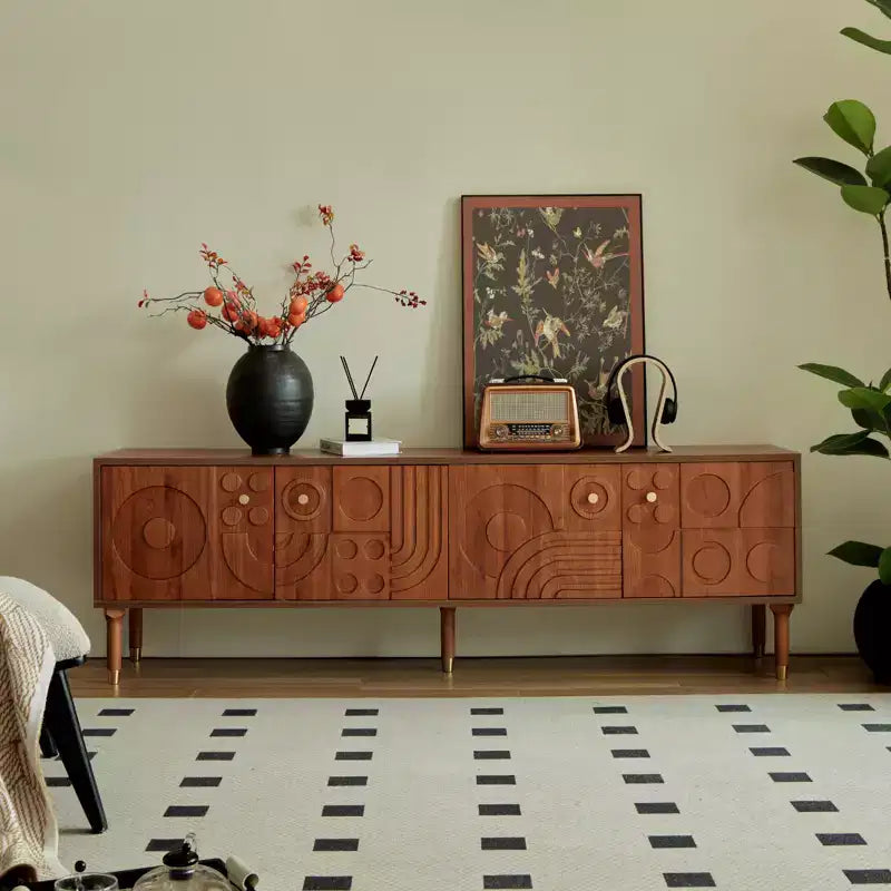 JVNOXK Meuble TV du milieu du siècle, meuble TV média moderne avec 4 placards, centre de divertissement en bois pour TV de 55 pouces et plus, console TV minimaliste pour salon