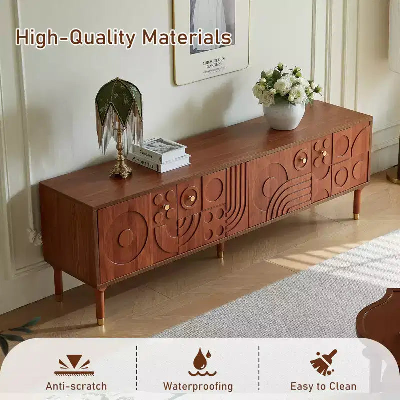 JVNOXK Meuble TV du milieu du siècle, meuble TV média moderne avec 4 placards, centre de divertissement en bois pour TV de 55 pouces et plus, console TV minimaliste pour salon