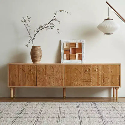 JVNOXK Meuble TV du milieu du siècle, meuble TV média moderne avec 4 placards, centre de divertissement en bois pour TV de 55 pouces et plus, console TV minimaliste pour salon