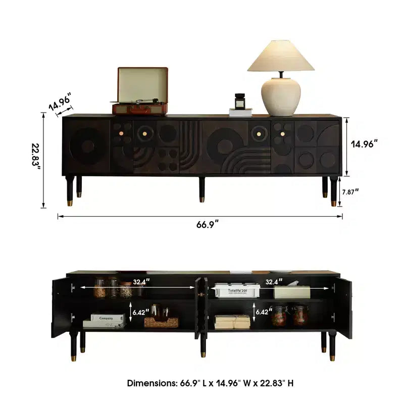 JVNOXK Meuble TV du milieu du siècle, meuble TV média moderne avec 4 placards, centre de divertissement en bois pour TV de 55 pouces et plus, console TV minimaliste pour salon