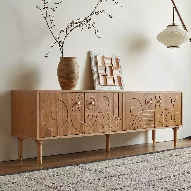 JVNOXK Meuble TV du milieu du siècle, meuble TV média moderne avec 4 placards, centre de divertissement en bois pour TV de 55 pouces et plus, console TV minimaliste pour salon