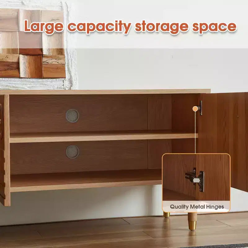 JVNOXK Meuble TV du milieu du siècle, meuble TV média moderne avec 4 placards, centre de divertissement en bois pour TV de 55 pouces et plus, console TV minimaliste pour salon