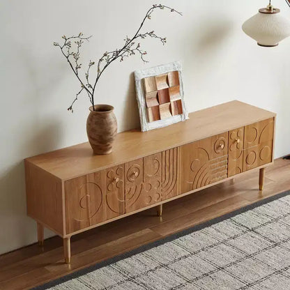 JVNOXK Meuble TV du milieu du siècle, meuble TV média moderne avec 4 placards, centre de divertissement en bois pour TV de 55 pouces et plus, console TV minimaliste pour salon
