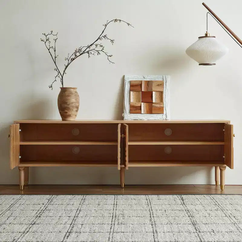 JVNOXK Meuble TV du milieu du siècle, meuble TV média moderne avec 4 placards, centre de divertissement en bois pour TV de 55 pouces et plus, console TV minimaliste pour salon