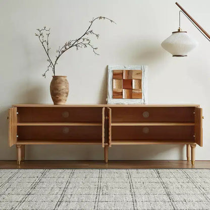 JVNOXK Meuble TV du milieu du siècle, meuble TV média moderne avec 4 placards, centre de divertissement en bois pour TV de 55 pouces et plus, console TV minimaliste pour salon