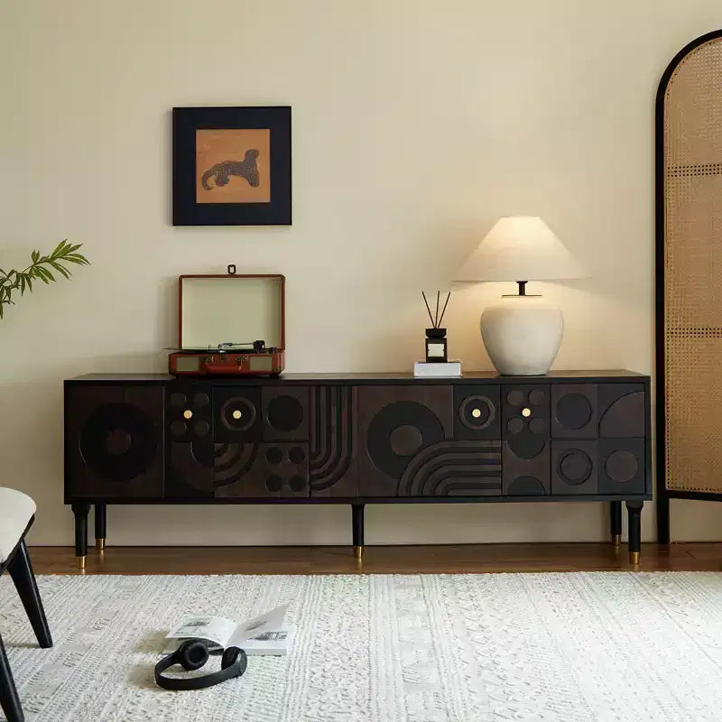 JVNOXK Meuble TV du milieu du siècle, meuble TV média moderne avec 4 placards, centre de divertissement en bois pour TV de 55 pouces et plus, console TV minimaliste pour salon