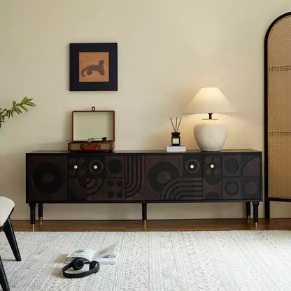 JVNOXK Meuble TV du milieu du siècle, meuble TV média moderne avec 4 placards, centre de divertissement en bois pour TV de 55 pouces et plus, console TV minimaliste pour salon