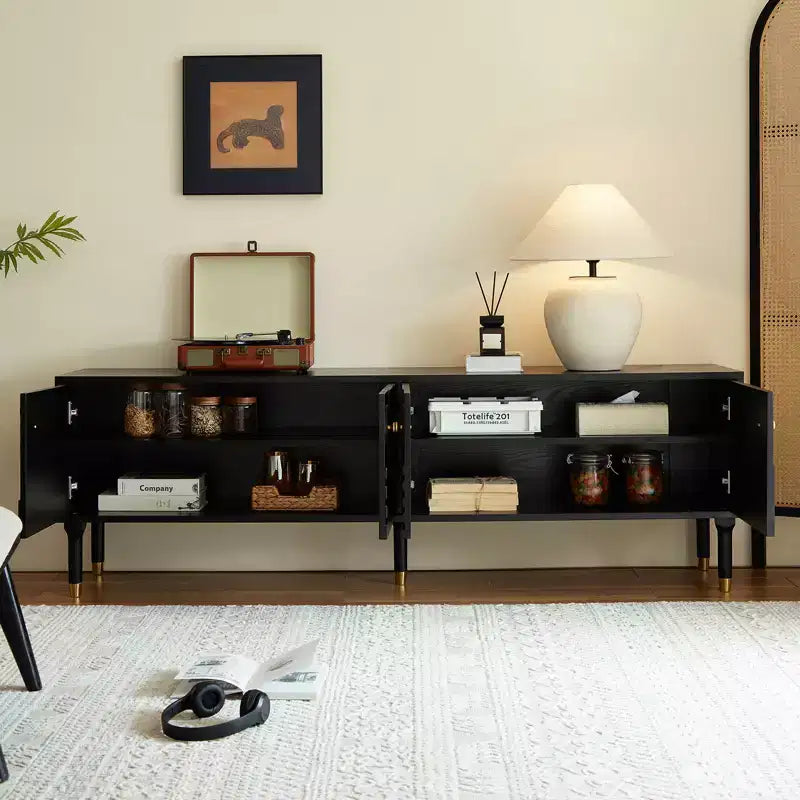 JVNOXK Meuble TV du milieu du siècle, meuble TV média moderne avec 4 placards, centre de divertissement en bois pour TV de 55 pouces et plus, console TV minimaliste pour salon