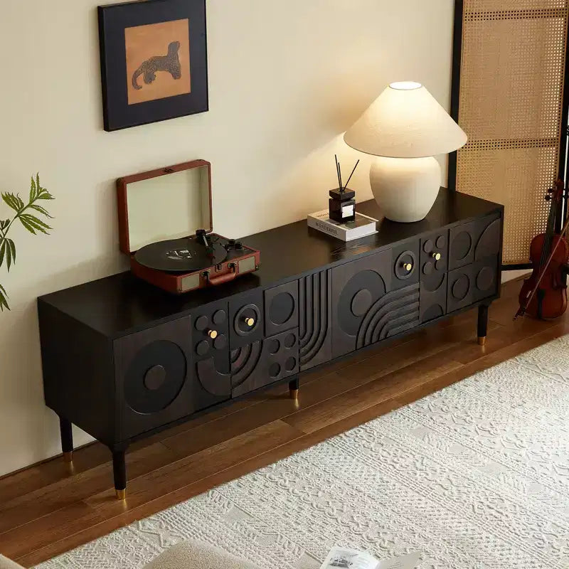 JVNOXK Meuble TV du milieu du siècle, meuble TV média moderne avec 4 placards, centre de divertissement en bois pour TV de 55 pouces et plus, console TV minimaliste pour salon