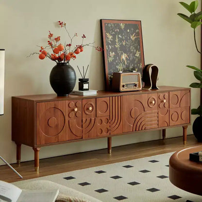 JVNOXK Meuble TV du milieu du siècle, meuble TV média moderne avec 4 placards, centre de divertissement en bois pour TV de 55 pouces et plus, console TV minimaliste pour salon