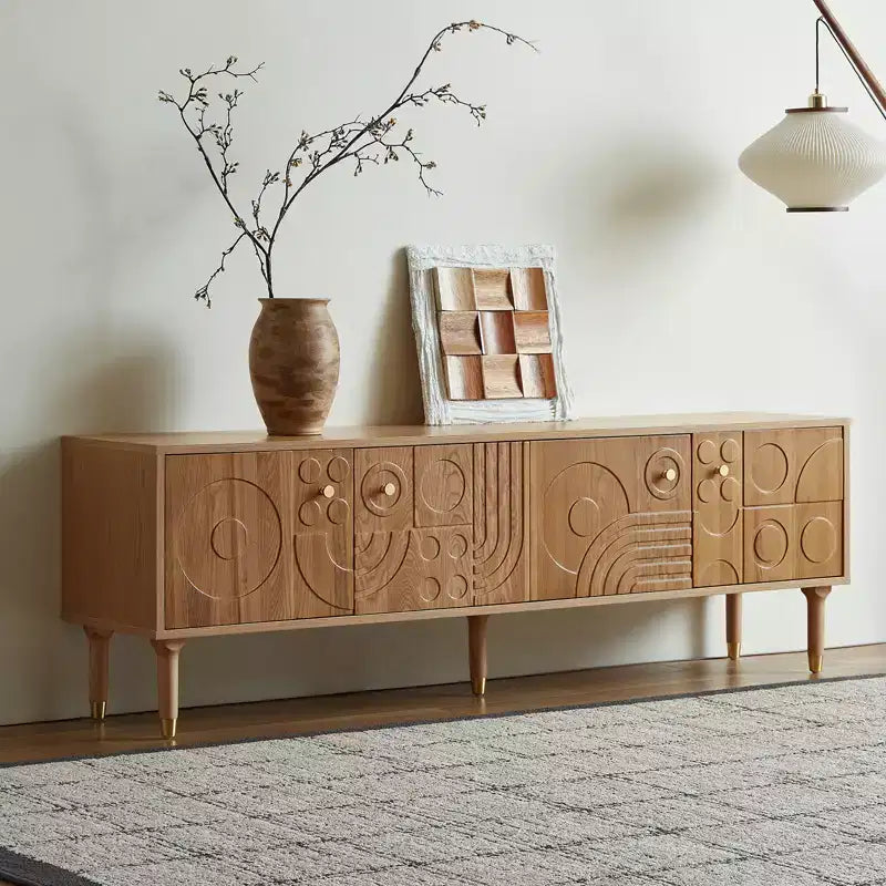 JVNOXK Meuble TV du milieu du siècle, meuble TV média moderne avec 4 placards, centre de divertissement en bois pour TV de 55 pouces et plus, console TV minimaliste pour salon