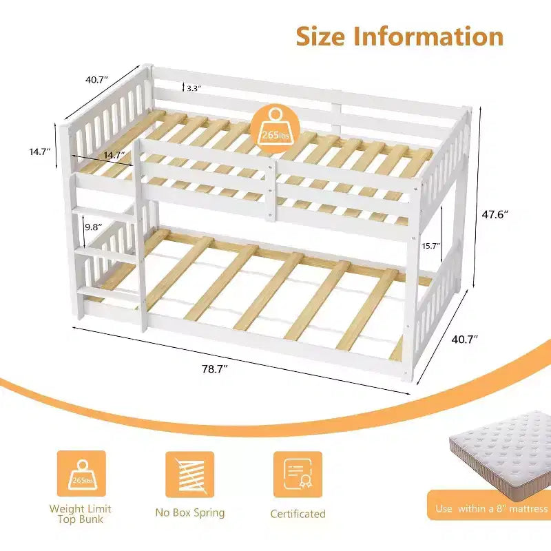 JOYMOR Lits superposés bas jumeaux en bois massif pour enfants/juniors, cadre de lit superposé avec balustrades de sécurité et échelle pour garçons filles, aucun sommier tapissier requis (blanc)