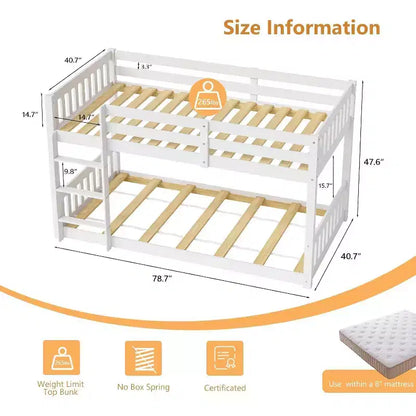 JOYMOR Lits superposés bas jumeaux en bois massif pour enfants/juniors, cadre de lit superposé avec balustrades de sécurité et échelle pour garçons filles, aucun sommier tapissier requis (blanc)