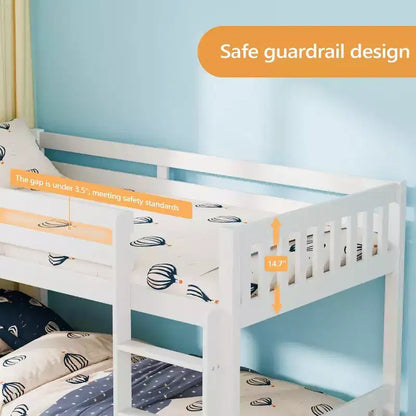 JOYMOR Lits superposés bas jumeaux en bois massif pour enfants/juniors, cadre de lit superposé avec balustrades de sécurité et échelle pour garçons filles, aucun sommier tapissier requis (blanc)