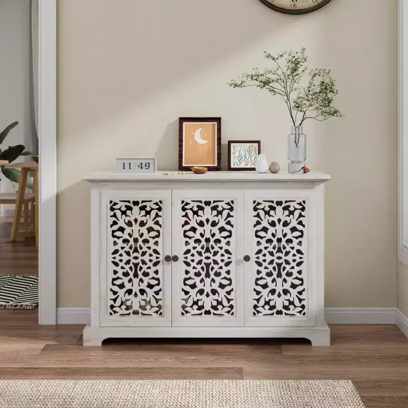 GDFStudio Isla Antique 43.3'' Sideboard Storage Cabinet with 3 Carving Doors