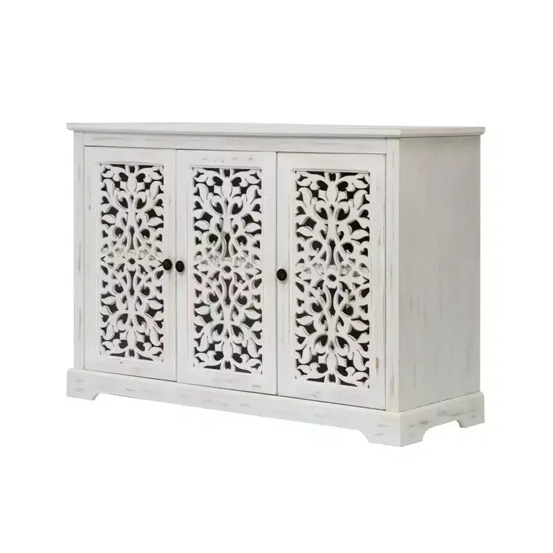 Meuble de rangement buffet GDFStudio Isla antique de 110 cm avec 3 portes sculptées
