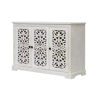 Meuble de rangement buffet GDFStudio Isla antique de 110 cm avec 3 portes sculptées