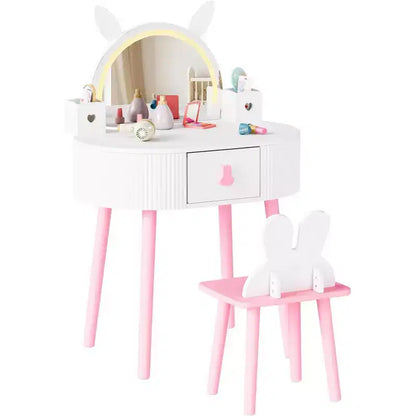 JOYMOR Kids Vanity with Touch Screen & 3-Color Lights, Adjustable Mirror, Table & Chair Set with Storage (White)