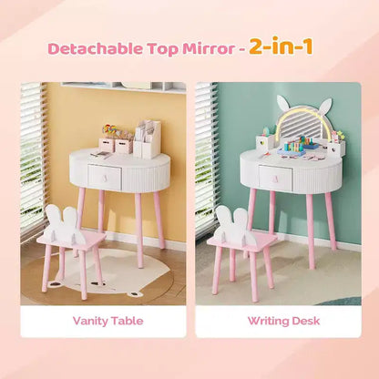 Coiffeuse pour enfants JOYMOR avec écran tactile et lumières 3 couleurs, miroir réglable, table et chaise avec rangement (blanc)