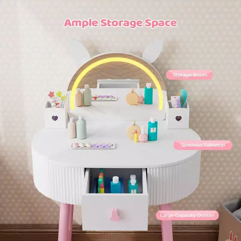 Coiffeuse pour enfants JOYMOR avec écran tactile et lumières 3 couleurs, miroir réglable, table et chaise avec rangement (blanc)