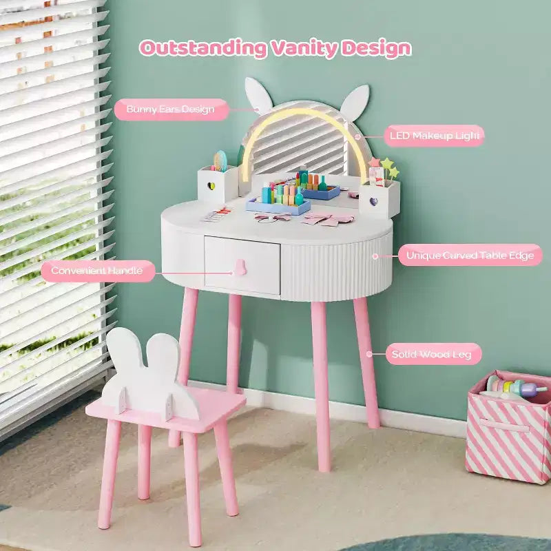 Coiffeuse pour enfants JOYMOR avec écran tactile et lumières 3 couleurs, miroir réglable, table et chaise avec rangement (blanc)