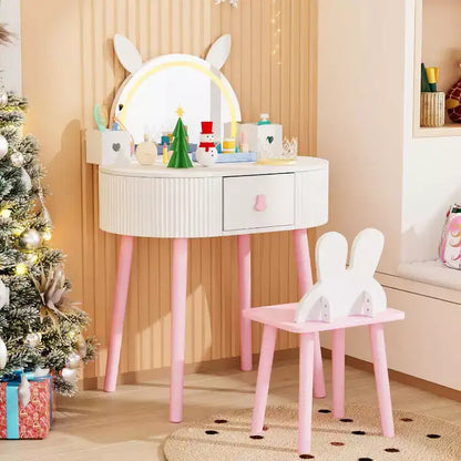 Coiffeuse pour enfants JOYMOR avec écran tactile et lumières 3 couleurs, miroir réglable, table et chaise avec rangement (blanc)