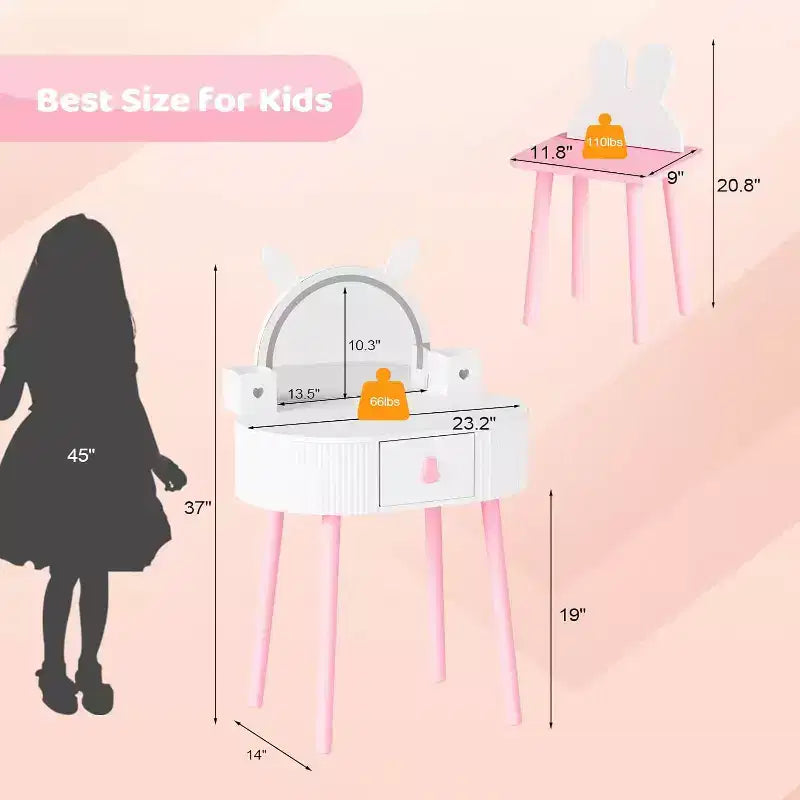 Coiffeuse pour enfants JOYMOR avec écran tactile et lumières 3 couleurs, miroir réglable, table et chaise avec rangement (blanc)