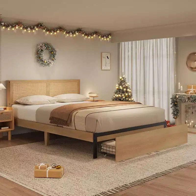 Full Platform Bed Frame, Full Size Bed Frame with Natural Rattan Headboard, Cane Bed Frame with 2 Storage Drawers and Strong Wood Slats Support