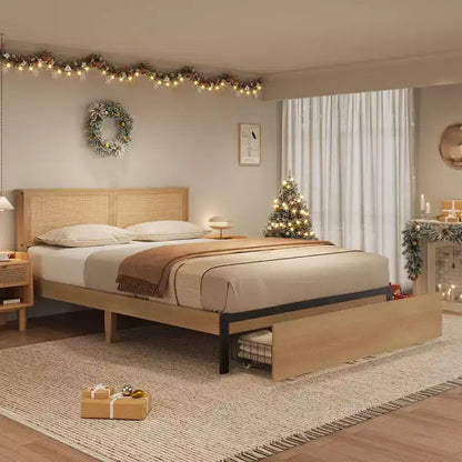 Full Platform Bed Frame, Full Size Bed Frame with Natural Rattan Headboard, Cane Bed Frame with 2 Storage Drawers and Strong Wood Slats Support