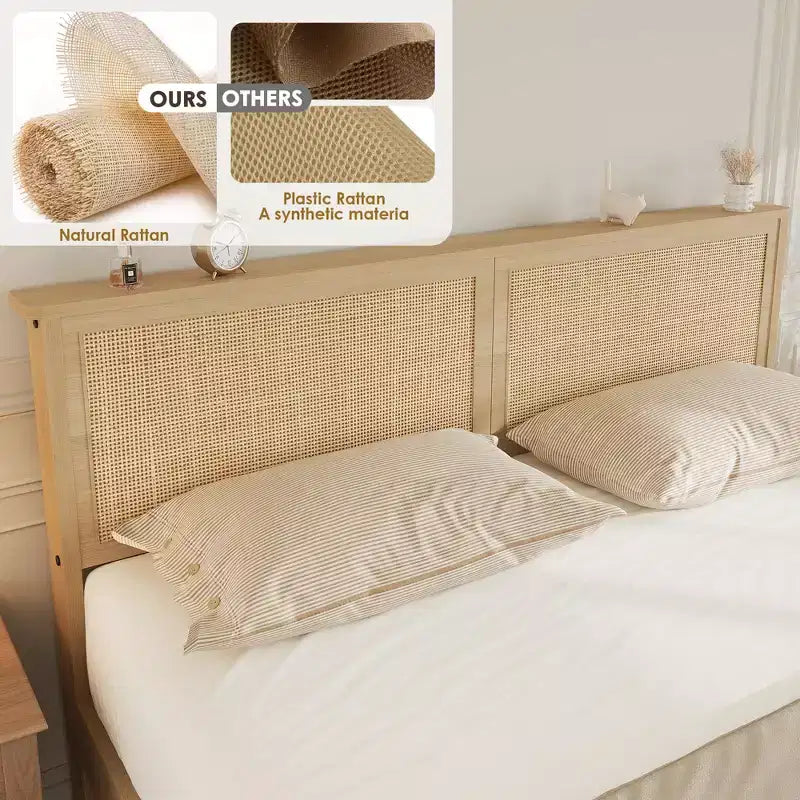 Cadre de lit plateforme complet, cadre de lit double avec tête de lit en rotin naturel, cadre de lit en cannage avec 2 tiroirs de rangement et support à lattes en bois solides