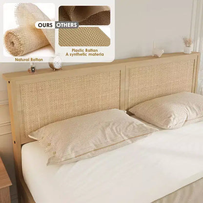 Cadre de lit plateforme complet, cadre de lit double avec tête de lit en rotin naturel, cadre de lit en cannage avec 2 tiroirs de rangement et support à lattes en bois solides