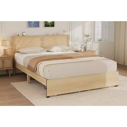 Cadre de lit plateforme complet, cadre de lit double avec tête de lit en rotin naturel, cadre de lit en cannage avec 2 tiroirs de rangement et support à lattes en bois solides