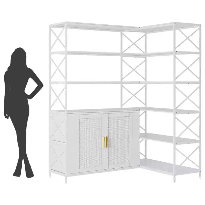 L-Shaped Modern Corner White Bookcase, 6-Layer Corner Open Bookcase, Modern Industrial Style Bookcase for Office, Living Room, Kitchen, White