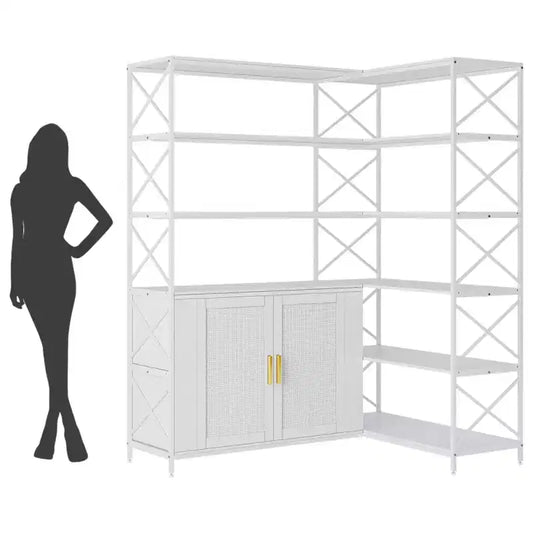 L-Shaped Modern Corner White Bookcase, 6-Layer Corner Open Bookcase, Modern Industrial Style Bookcase for Office, Living Room, Kitchen, White