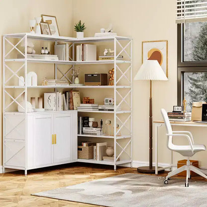 Bibliothèque d'angle moderne en forme de L blanche, bibliothèque d'angle ouverte à 6 niveaux, bibliothèque de style industriel moderne pour bureau, salon, cuisine, blanc