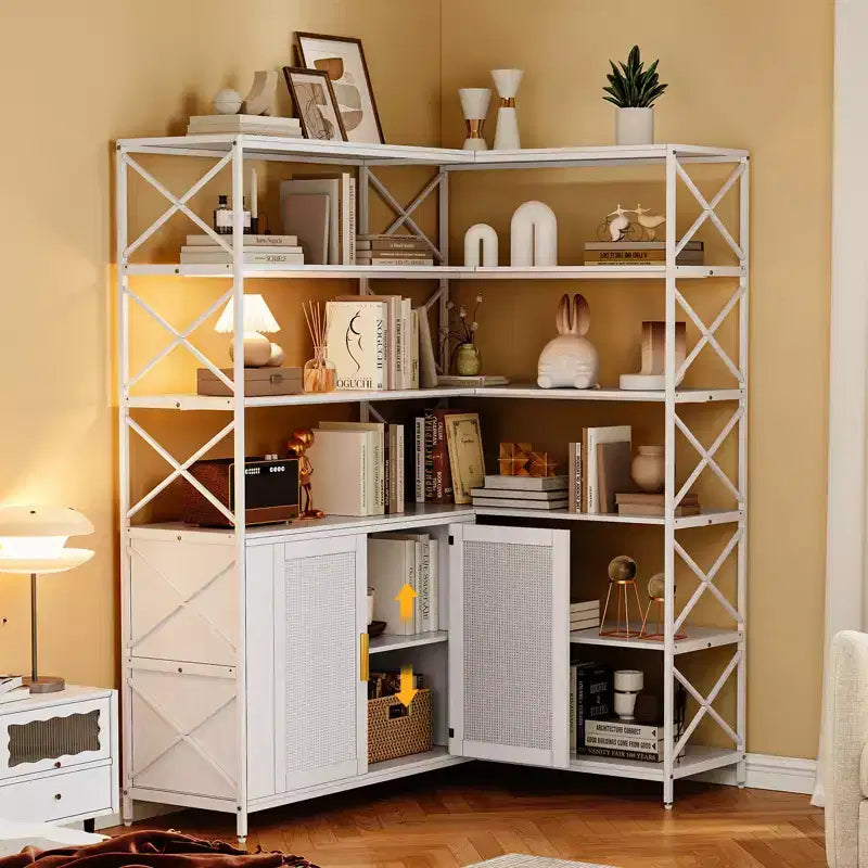 Bibliothèque d'angle moderne en forme de L blanche, bibliothèque d'angle ouverte à 6 niveaux, bibliothèque de style industriel moderne pour bureau, salon, cuisine, blanc