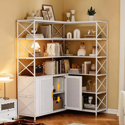 Bibliothèque d'angle moderne en forme de L blanche, bibliothèque d'angle ouverte à 6 niveaux, bibliothèque de style industriel moderne pour bureau, salon, cuisine, blanc