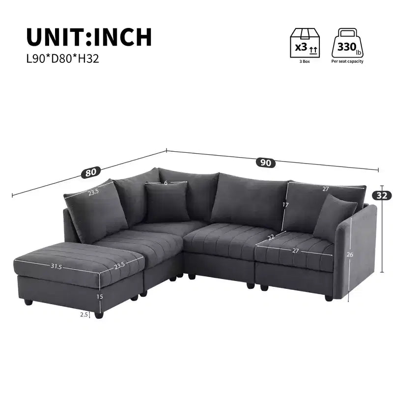 GDFStudio Kingsley Canapé d'angle moderne en L 5 places 90x80 avec pouf mobile
