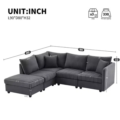 GDFStudio Kingsley Canapé d'angle moderne en L 5 places 90x80 avec pouf mobile