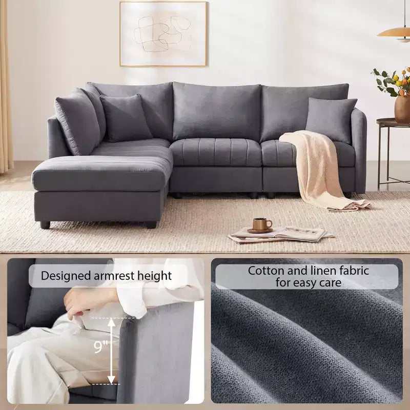 GDFStudio Kingsley Canapé d'angle moderne en L 5 places 90x80 avec pouf mobile