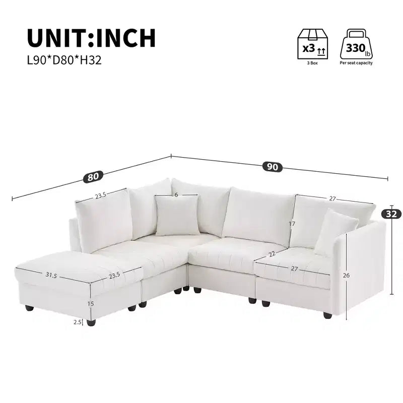GDFStudio Kingsley Canapé d'angle moderne en L 5 places 90x80 avec pouf mobile