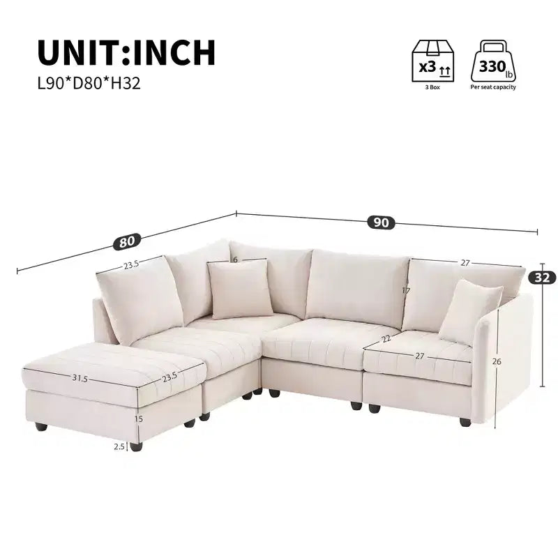GDFStudio Kingsley Canapé d'angle moderne en L 5 places 90x80 avec pouf mobile