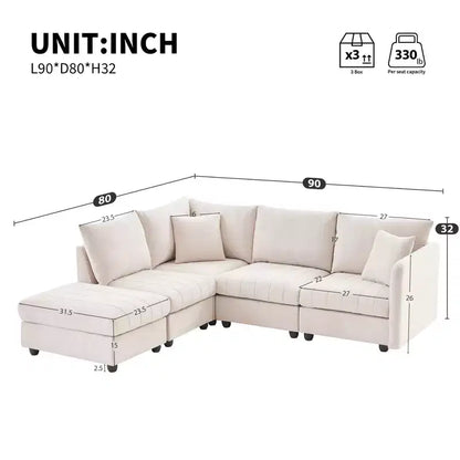 GDFStudio Kingsley Canapé d'angle moderne en L 5 places 90x80 avec pouf mobile