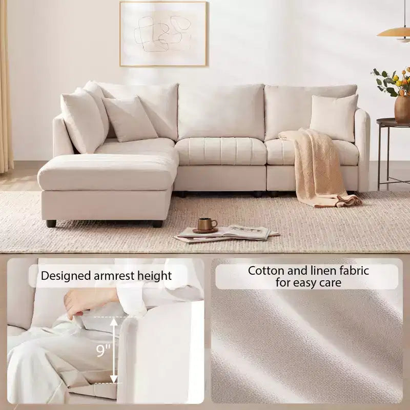 GDFStudio Kingsley Canapé d'angle moderne en L 5 places 90x80 avec pouf mobile