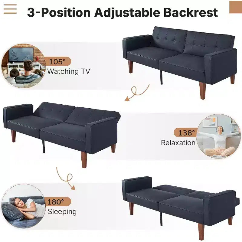 Canapé-lit convertible Zevemomo avec dossier réglable, fait office de fauteuil inclinable et de causeuse, coussins en mousse et ressorts, noir mat